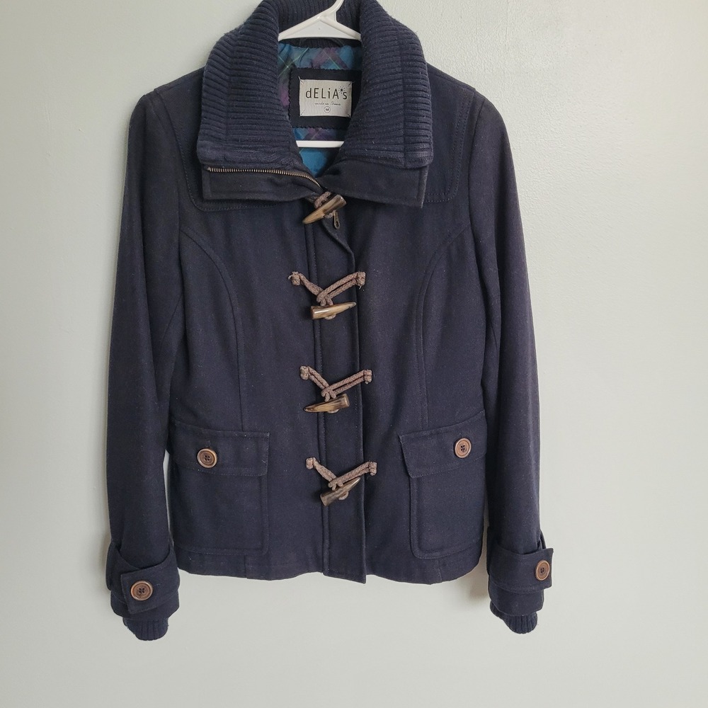 Vintage dELiA*s Women's Navy Blue Toggle Pea Coat M Wool Blend Jacket Y2K Preppy